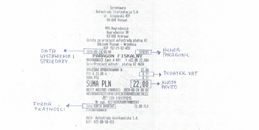 numer paragonu autostrada a2